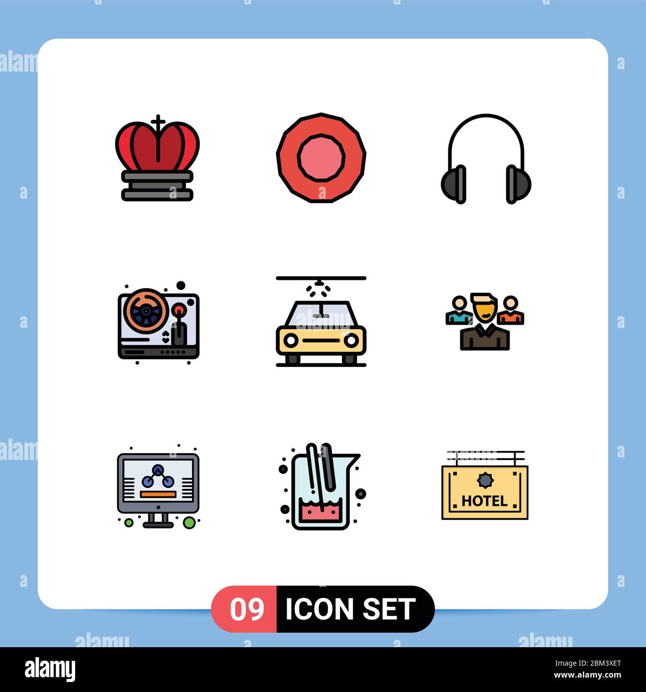 Universal Icon Symbols Gruppo di 9 Filledline moderni colori piatti di squadra, auto, cuffie, gioco, ruota Editable Vector Design Elements Illustrazione Vettoriale