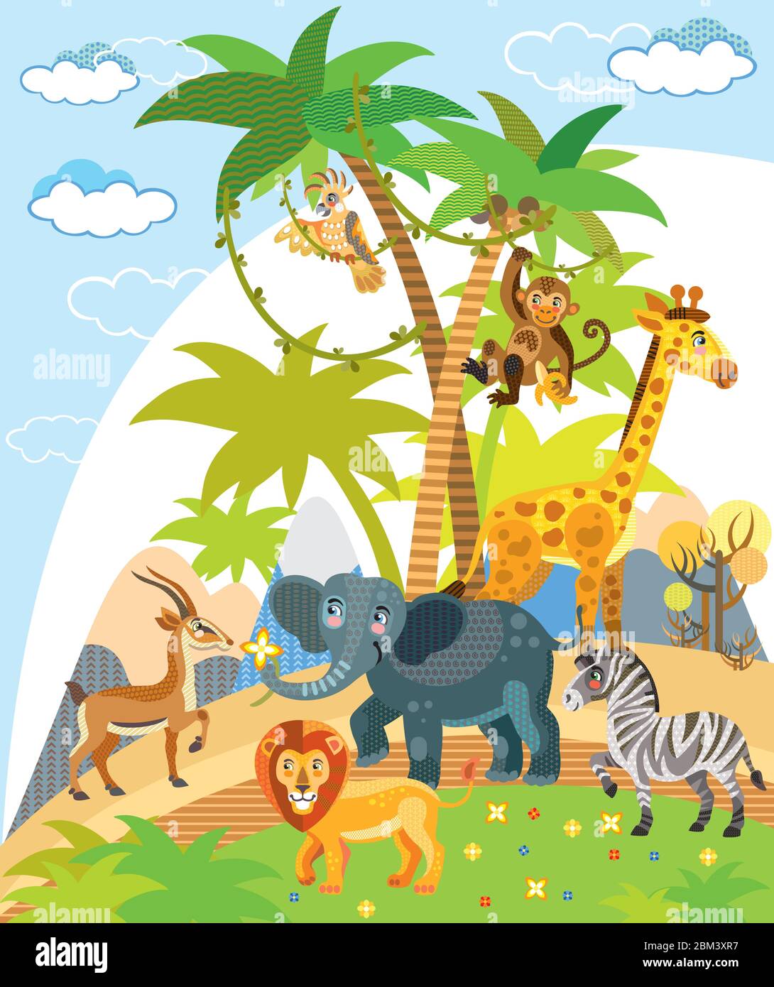 Animali selvatici africani colorato vettore cartoon divertente illustrazione in stile piatto. Illustrazione verticale vettoriale con simpatici personaggi africani per bambini Illustrazione Vettoriale