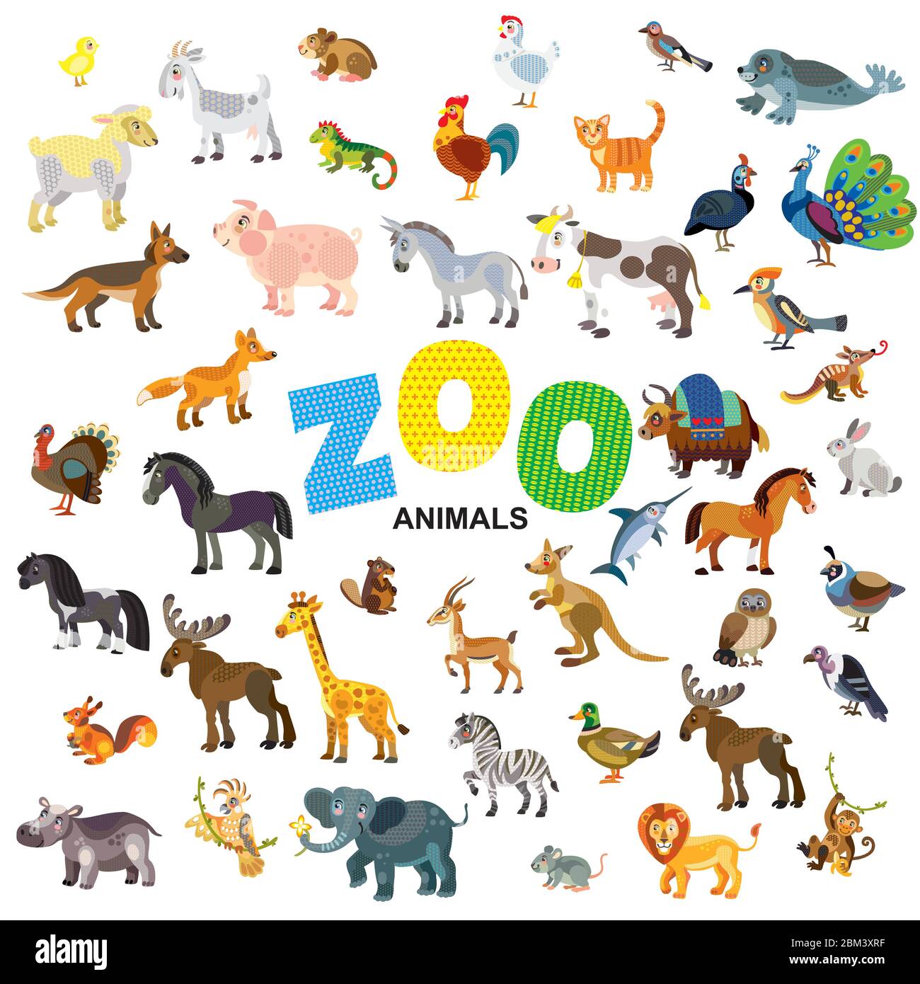 Animali dello zoo in vista frontale e laterale grande cartoon vettoriale in stile piatto isolato su sfondo bianco. Illustrazione vettoriale degli animali per il bambino Illustrazione Vettoriale