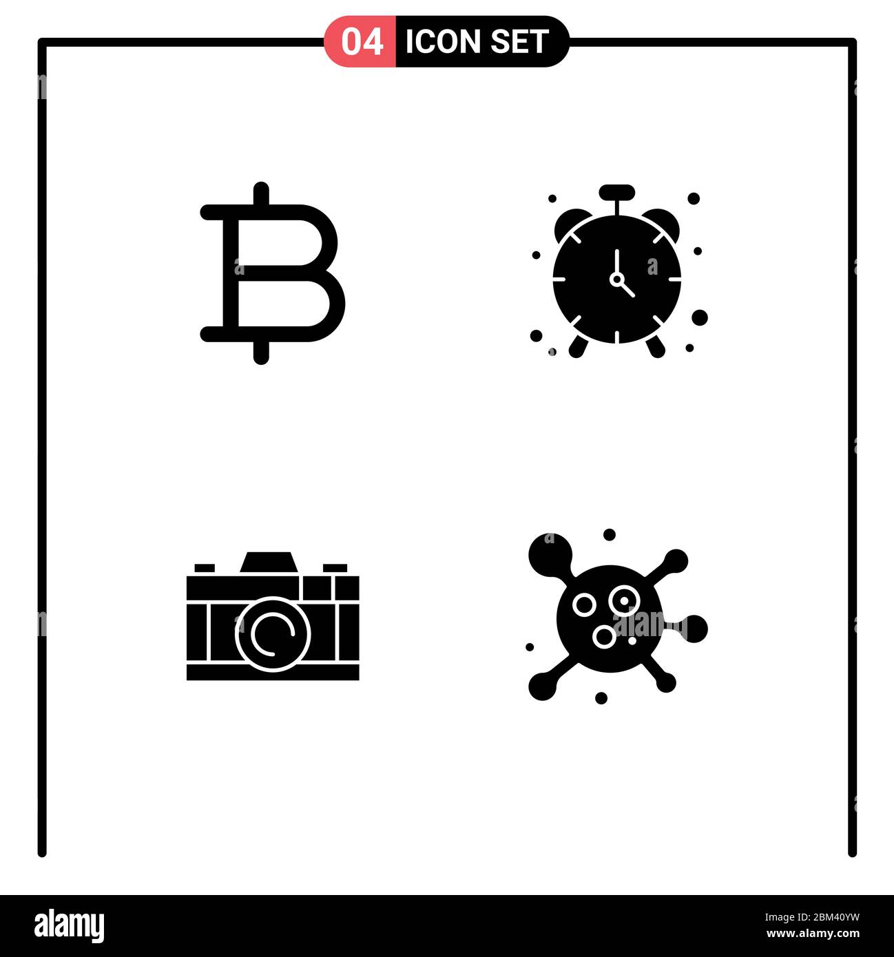 Set di pittogrammi di 4 semplici glifi solidi di bitcoin, foto, allarme, orologio, elementi di disegno vettoriale modificabili con molecole Illustrazione Vettoriale