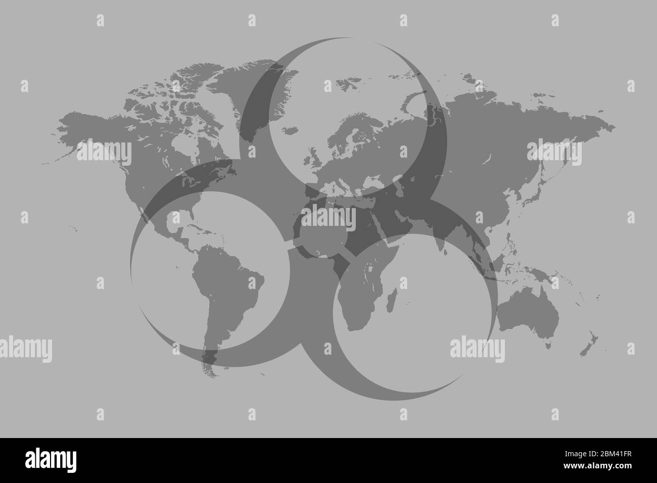 Illustrazione di fondo di una malattia contagiosa pandemica dell'umanità. Sfondo minimo con un simbolo di rischio biologico trasparente su una mappa del mondo. Foto Stock