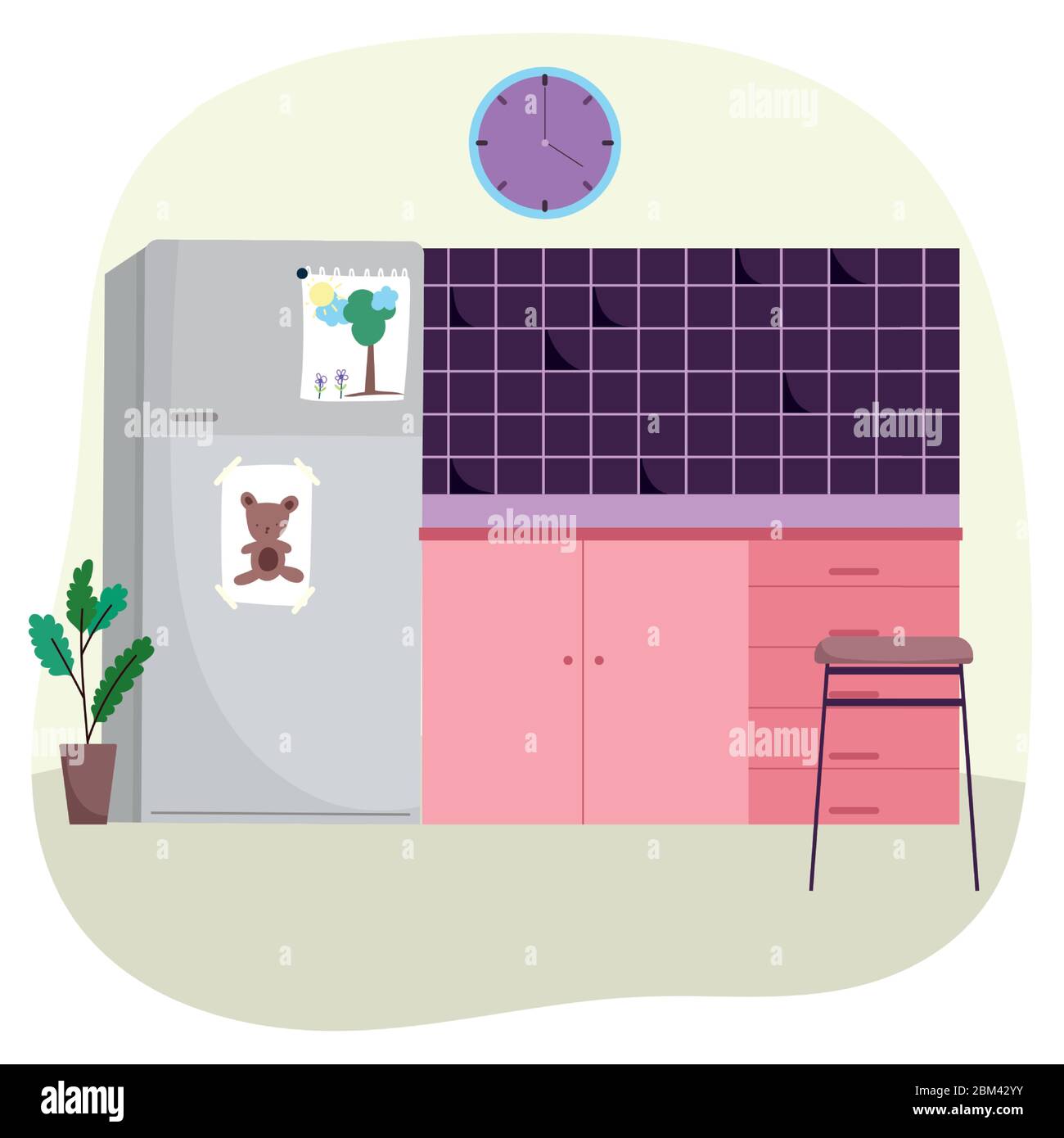 cucina interna frigorifero piastrelle muro sedia orologio e pianta  incapsulata disegno vettoriale illustrazione Immagine e Vettoriale - Alamy