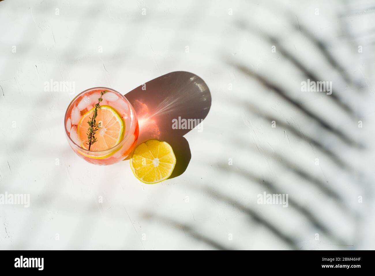 Acqua dolce fresca di limonata; foglie di palme Foto Stock