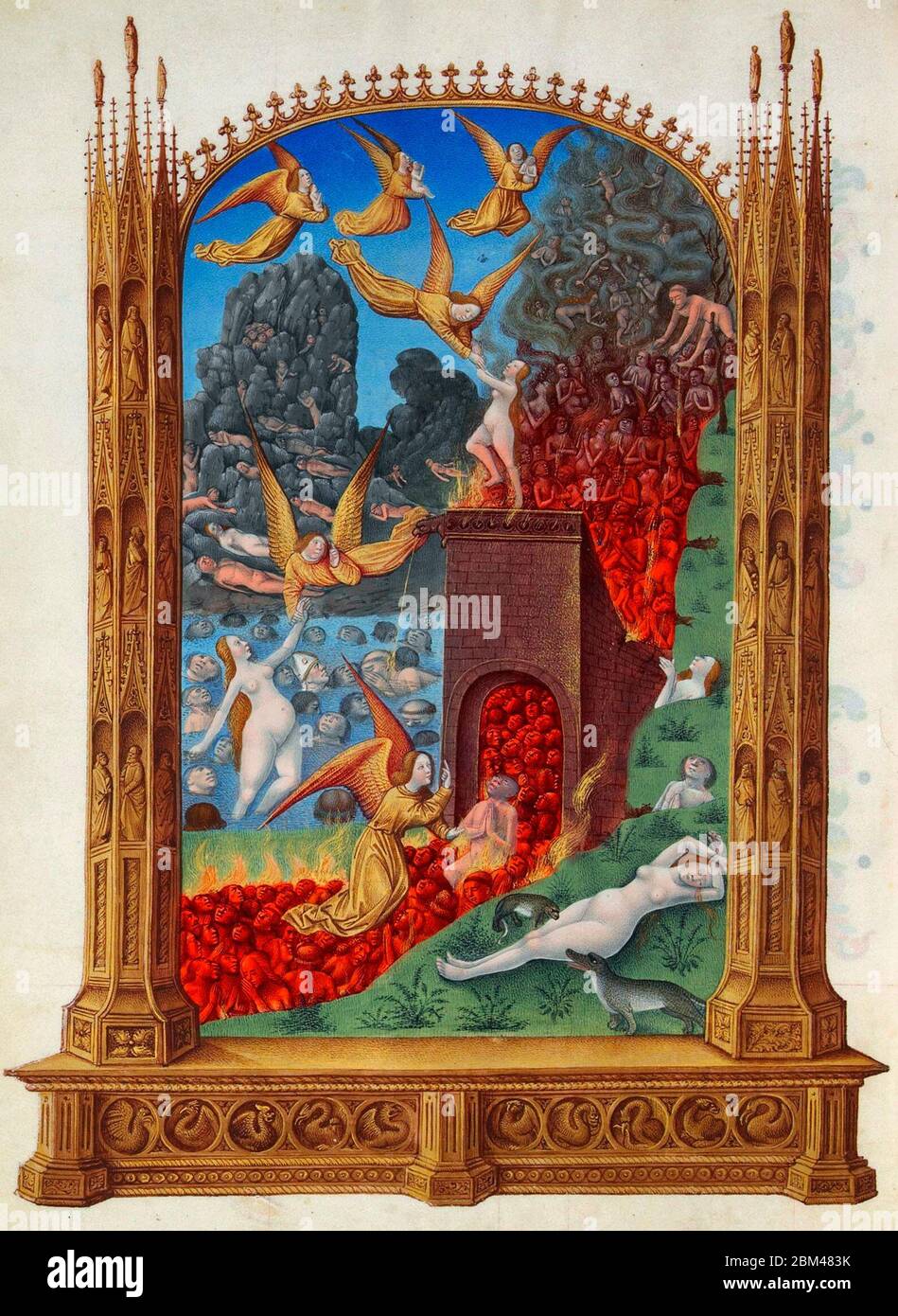 Purgatorio - Mostra anime purificate nel Purgatorio mostrando anime intrappolate in acqua, fuoco, su terreni rocciosi e erbosi dove sono salvate dagli Angeli. Le bestie (probabilmente i demoni) circondano un'anima. Foto Stock