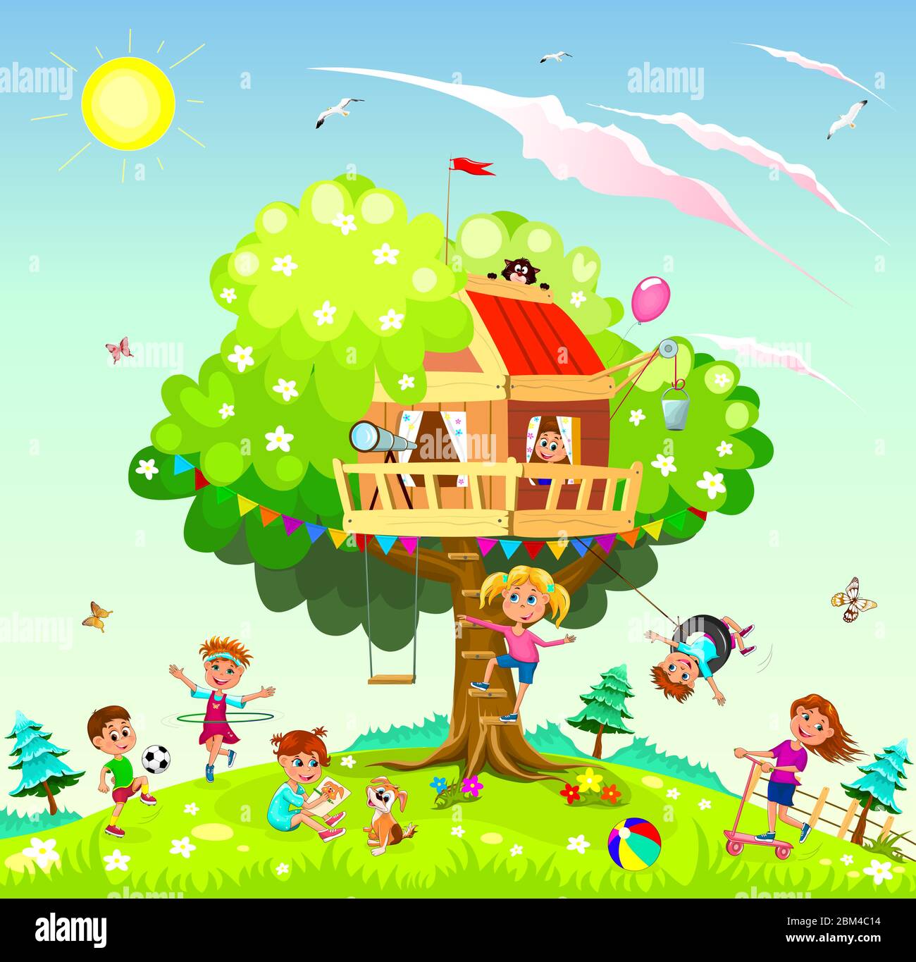 I bambini giocano vicino a un albero. Casa albero per bambini. Cielo, sole, nuvole. Illustrazione Vettoriale