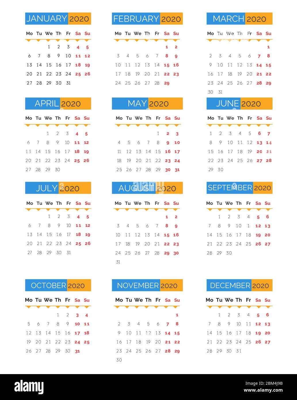 Organizzatore per 2020 anni con mesi, settimane e giorni Illustrazione Vettoriale