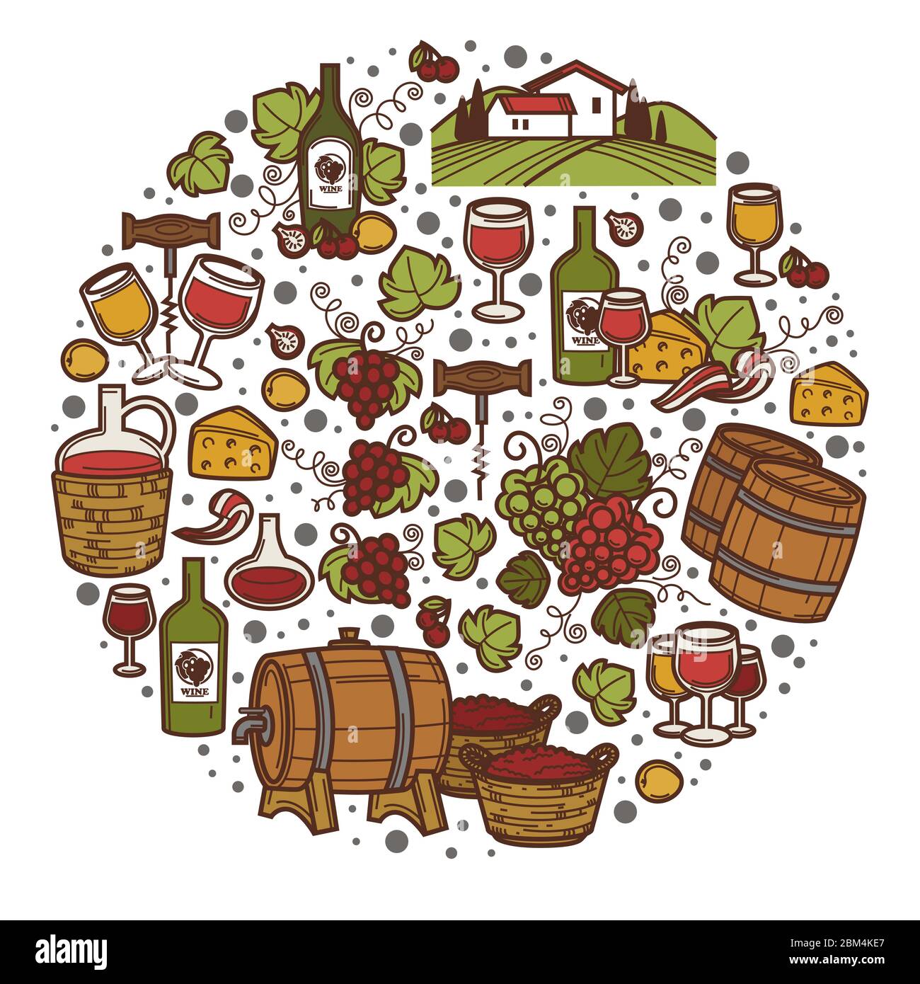 Birreria, cantina con bottiglie e bicchieri di uva Illustrazione Vettoriale