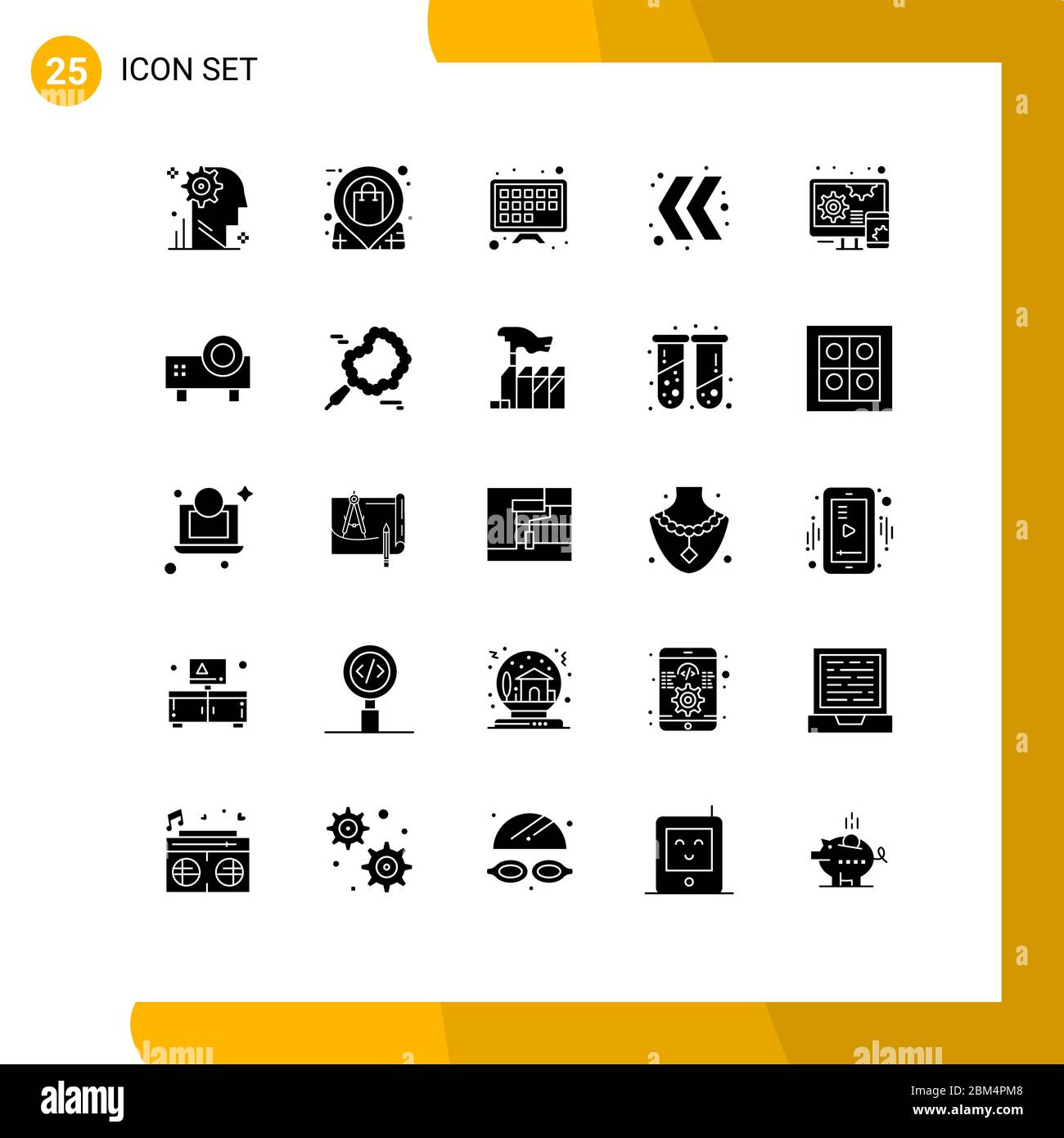 25 interfaccia utente Solid Glyph pacchetto di segni moderni e simboli di design, sinistra, negozio, chevron, tv schermo elementi di progettazione vettoriale editabili Illustrazione Vettoriale