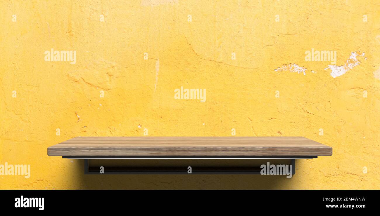 Scaffale in legno vuoto su sfondo muro dipinto di giallo. Presentazione del prodotto, modello di pubblicità, vista prospettica. illustrazione 3d Foto Stock