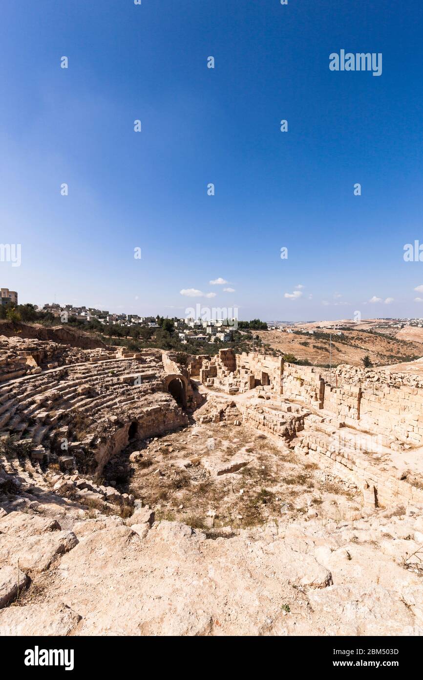 Teatro Romano di Beit Ras, Capitolias, Decapolis, Irbit, governatorato Irbid, Giordania, Medio Oriente, Asia Foto Stock