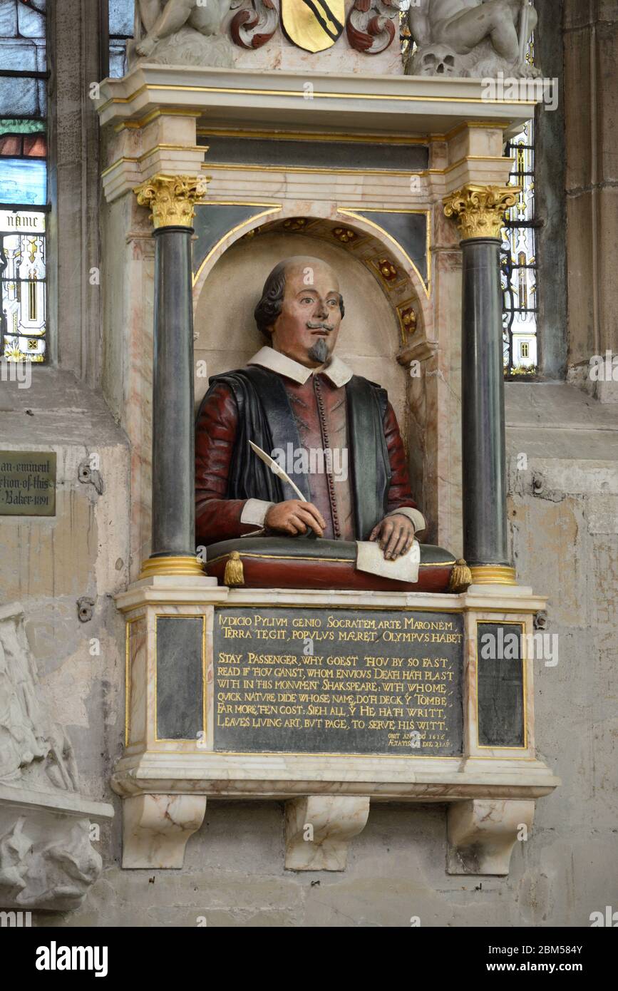 Busto di Shakespeare 1623, o Monumento funerario di William Shakespeare nella Chiesa della Santissima Trinità Stratford-upon-Avon Warwickshire Inghilterra Foto Stock