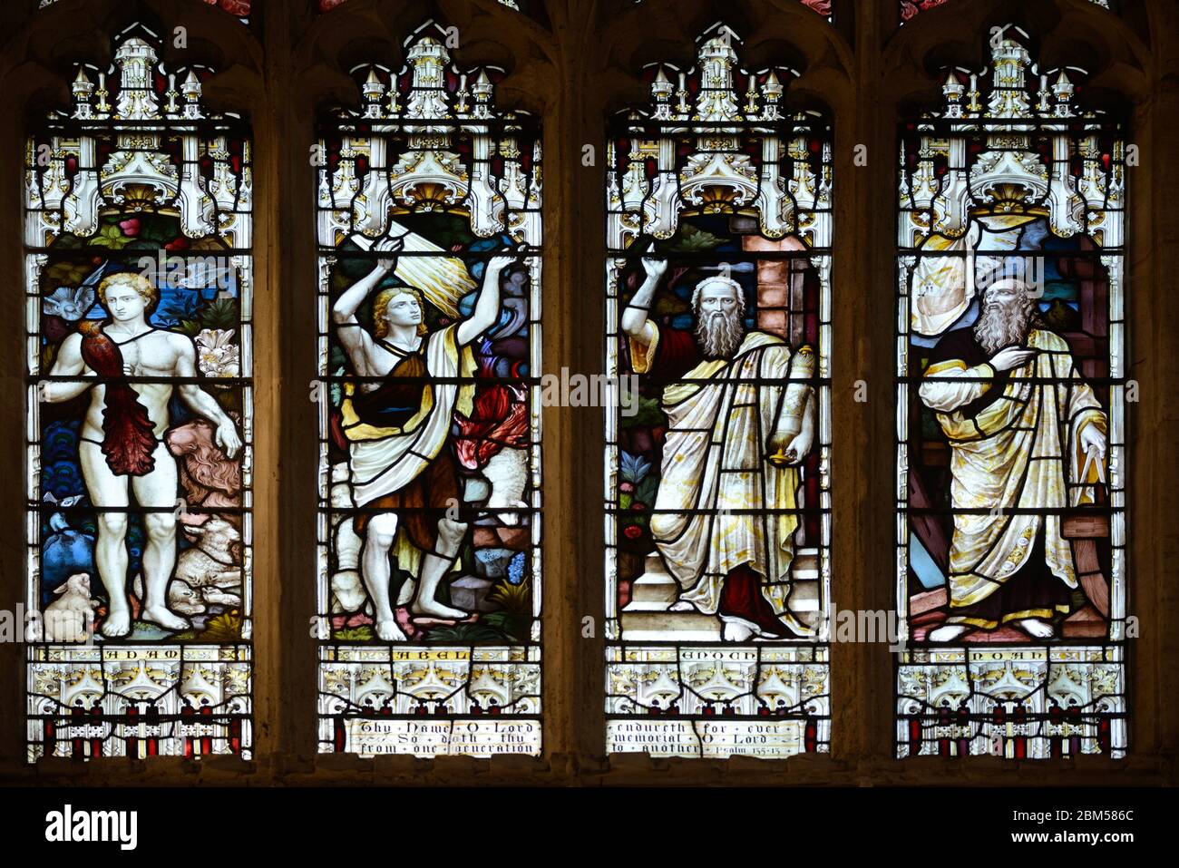 Vetrate Adam Abel Enoch & Noah nella chiesa della Santissima Trinità o nella chiesa commemorativa di Shakespeare Stratford-upon-Avon Warwickshire Inghilterra Regno Unito Foto Stock