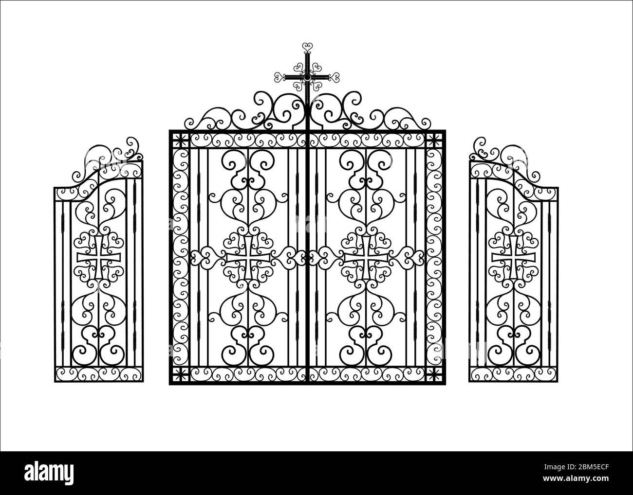 Cancelli in ferro battuto per un tempio o una chiesa. Modello di religione cristiana. La recinzione è fatta di metallo. Arte forgiatura a caldo. Illustrazione vettoriale.. Illustrazione Vettoriale