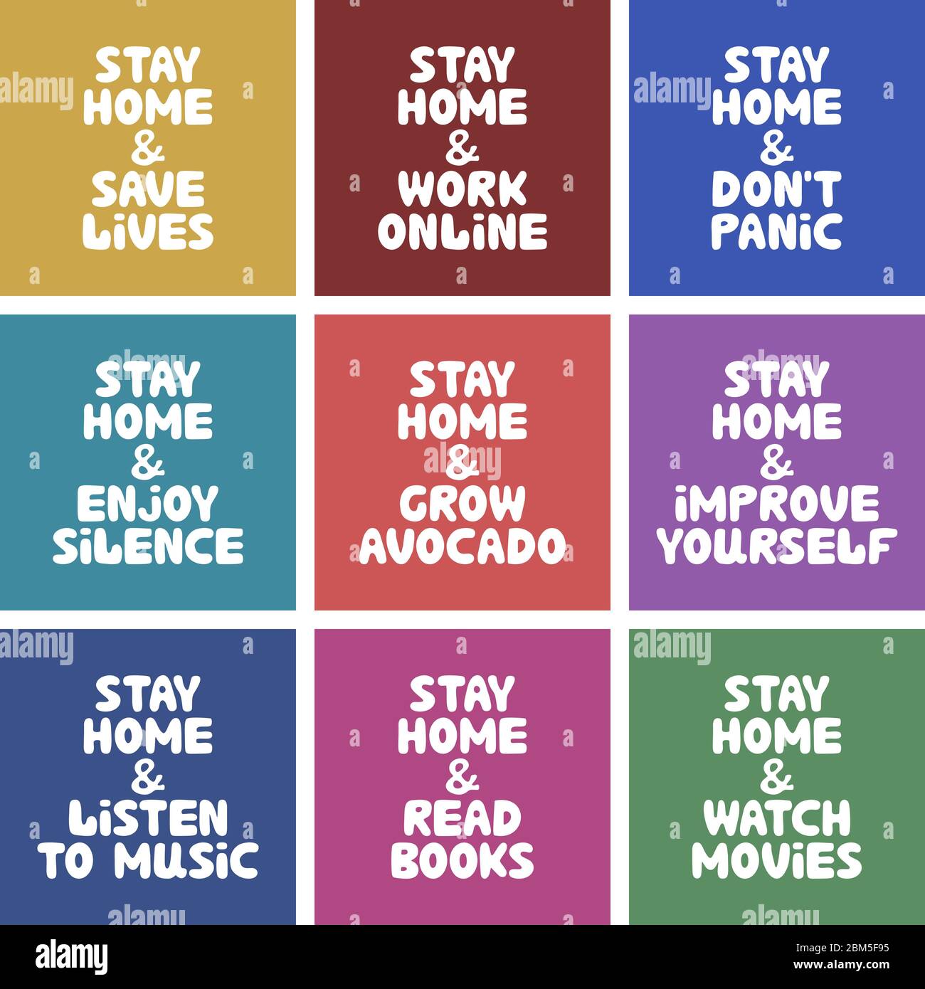 La collezione di banner colorati cita sulle attività domestiche durante la quarantena. Rimani a casa e salva vite, lavora online, non prendere il panico, goderti il silenzio, leggere Illustrazione Vettoriale