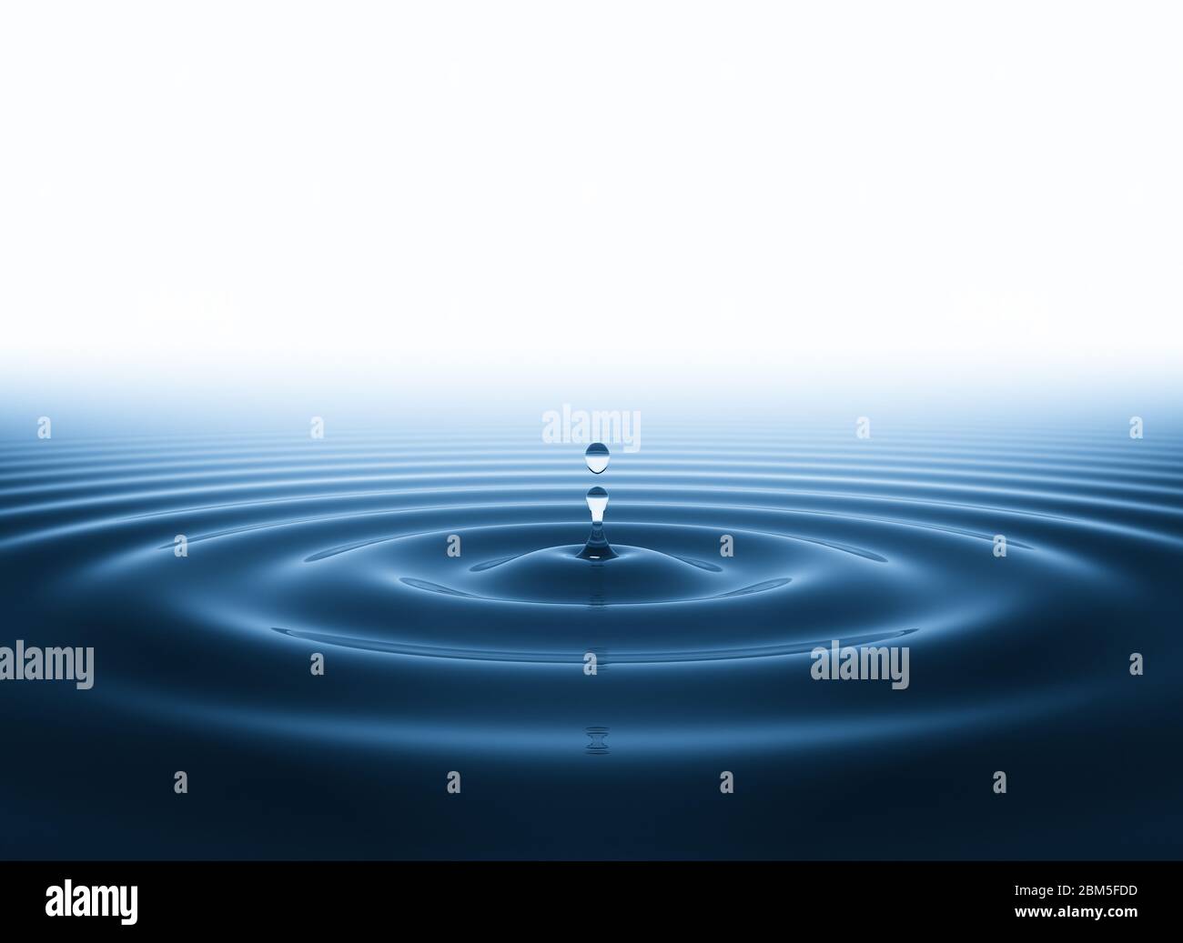 Gocce d'acqua in liquido blu scuro su sfondo bianco. Illustrazione 3D Foto Stock