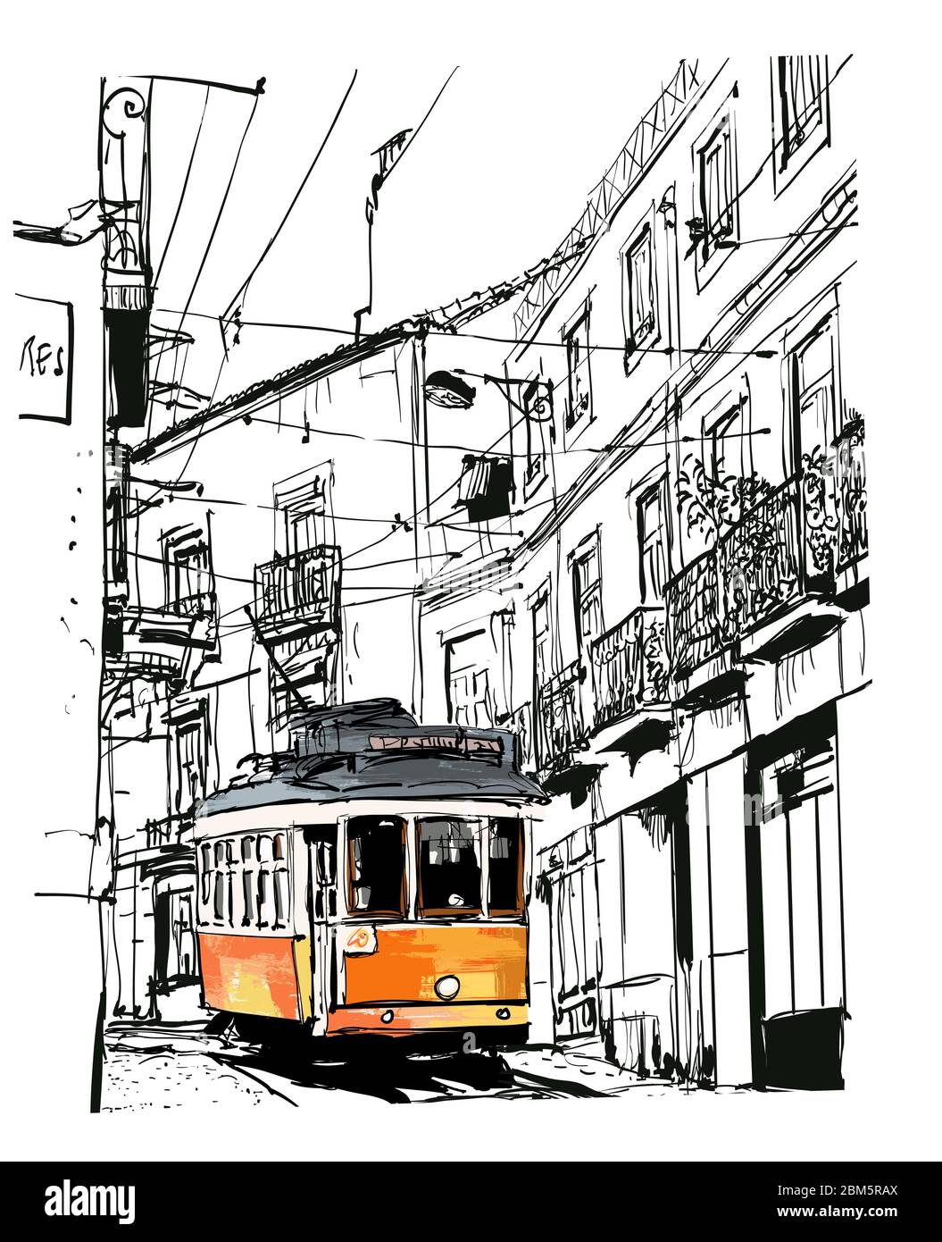 Vista sulla strada con il famoso tram vecchio a Lisbona, Portogallo - illustrazione vettoriale (ideale per la stampa su tessuto o carta, poster o carta da parati, casa dec Illustrazione Vettoriale