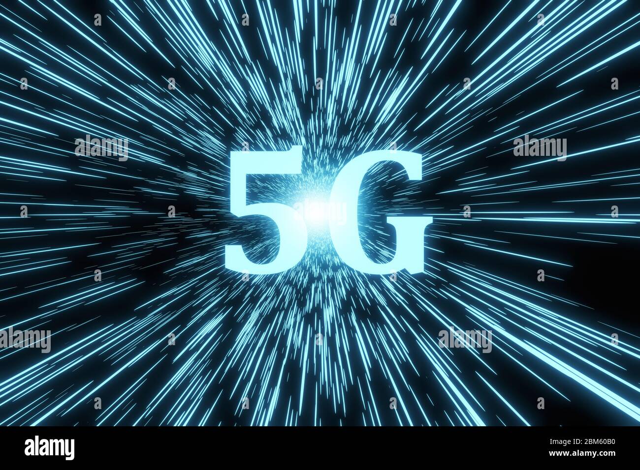Illustrazione 3D del marketing della tecnologia di comunicazione 5G di quinta generazione su sfondo blu e nero digitale Foto Stock