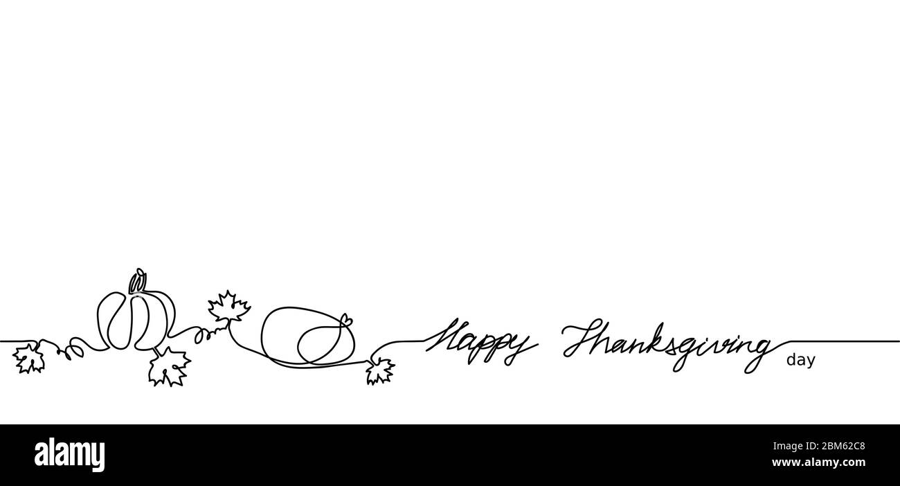 Happy Thanksgiving un'illustrazione vettoriale continua a linea singola. Zucca, foglie di acero, tacchino. Canada Thanksgiving banner web vacanza, semplice Illustrazione Vettoriale