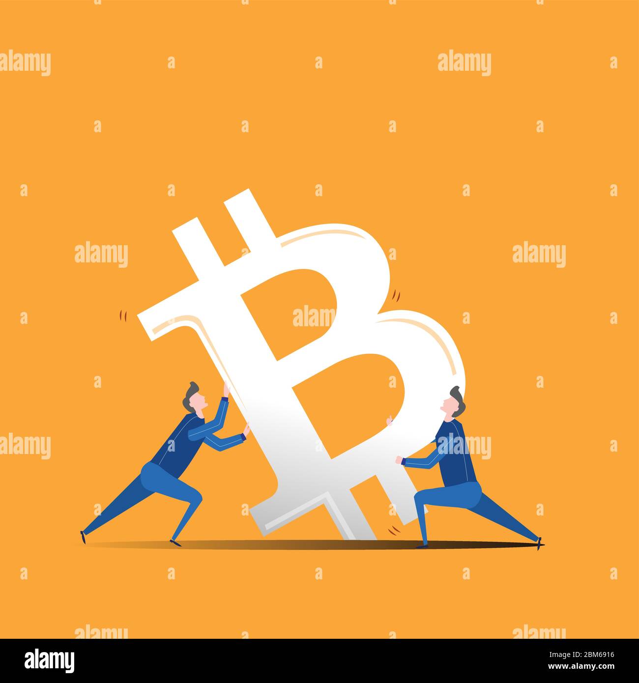 Illustrazione di una moneta in calo e due uomini che cercano di stabilizzarla. Icona Bitcoin nera. Segno digitale di valuta, blockchain basato su internet. Illustrazione Vettoriale