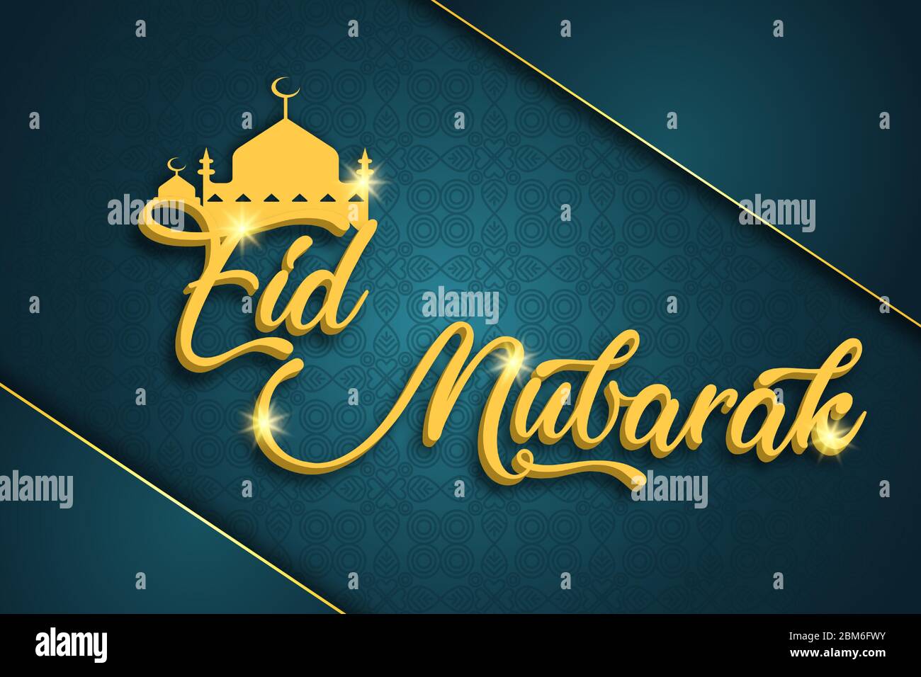 bella eid mubarak biglietti di auguri. con lettere d'oro e illustrazione moschea su uno sfondo blu e modello. Illustrazione Vettoriale
