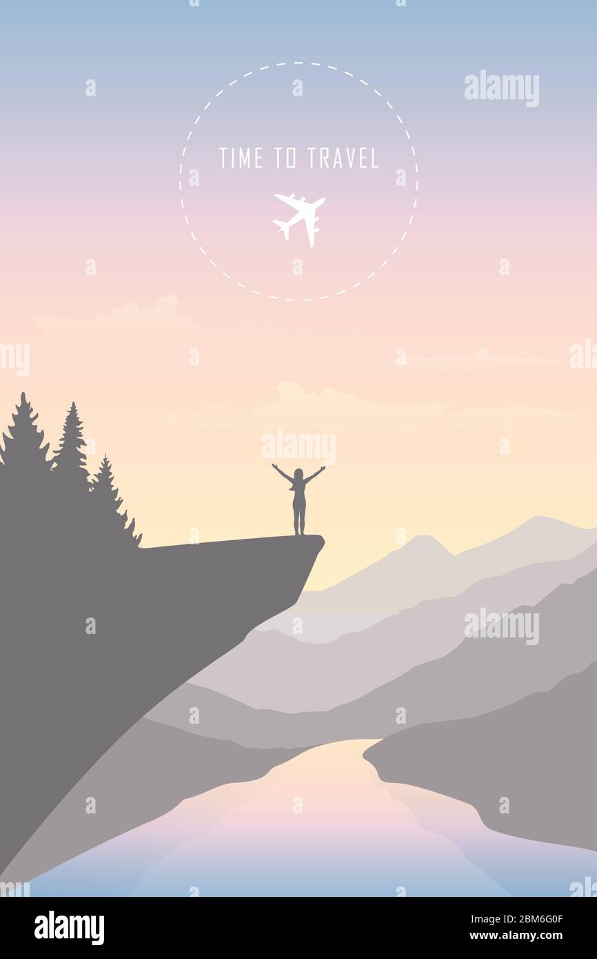 Tempo di viaggiare ragazza in montagna dal fiume paesaggio vettore illustrazione EPS10 Illustrazione Vettoriale