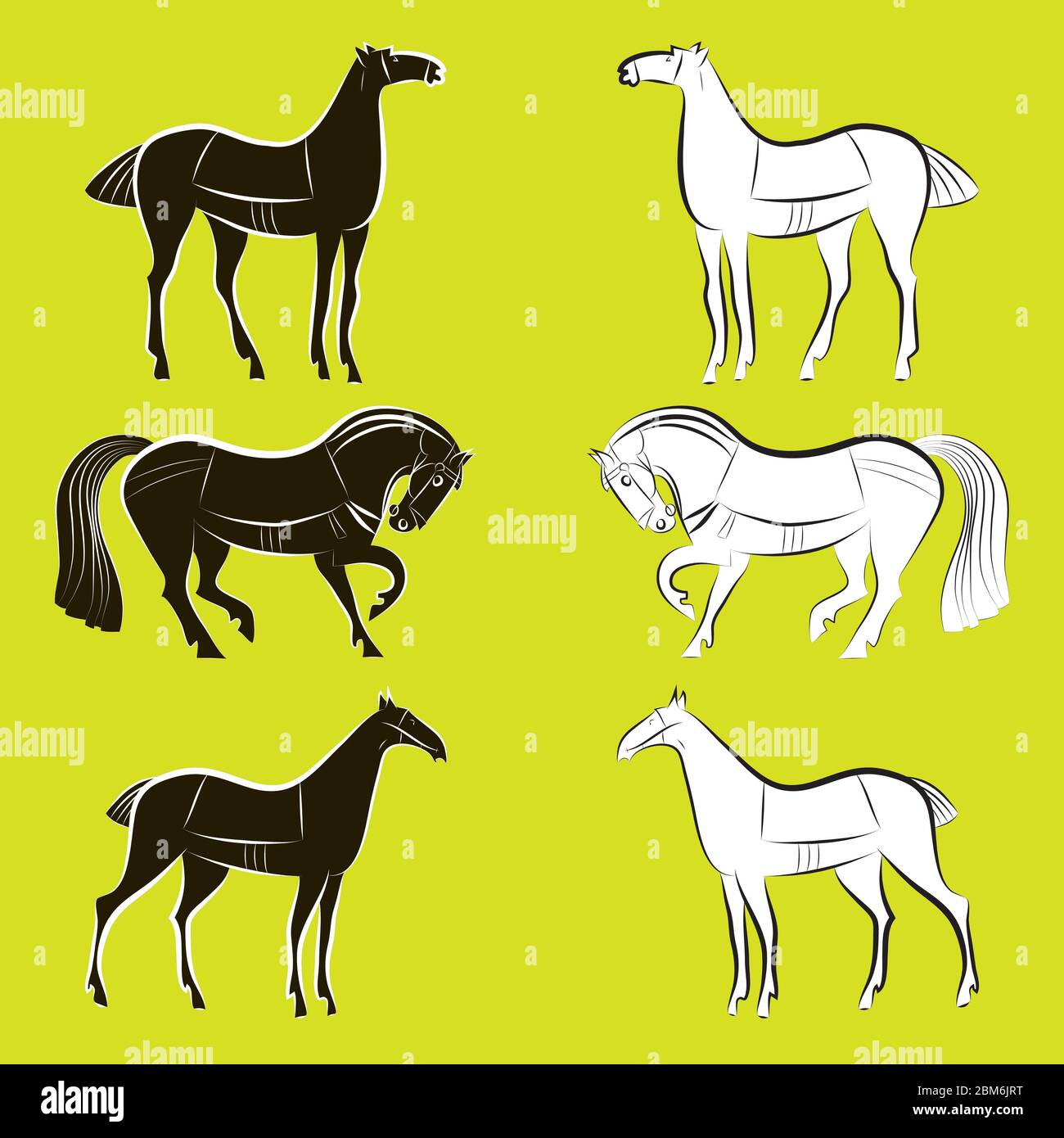 Set di silhouette cavalli. Gli animali sono aggraziati l'uno di fronte all'altro. Gruppo di graziosi stalloni bianchi e neri. Illustrazione vettoriale su colore pera bac Illustrazione Vettoriale