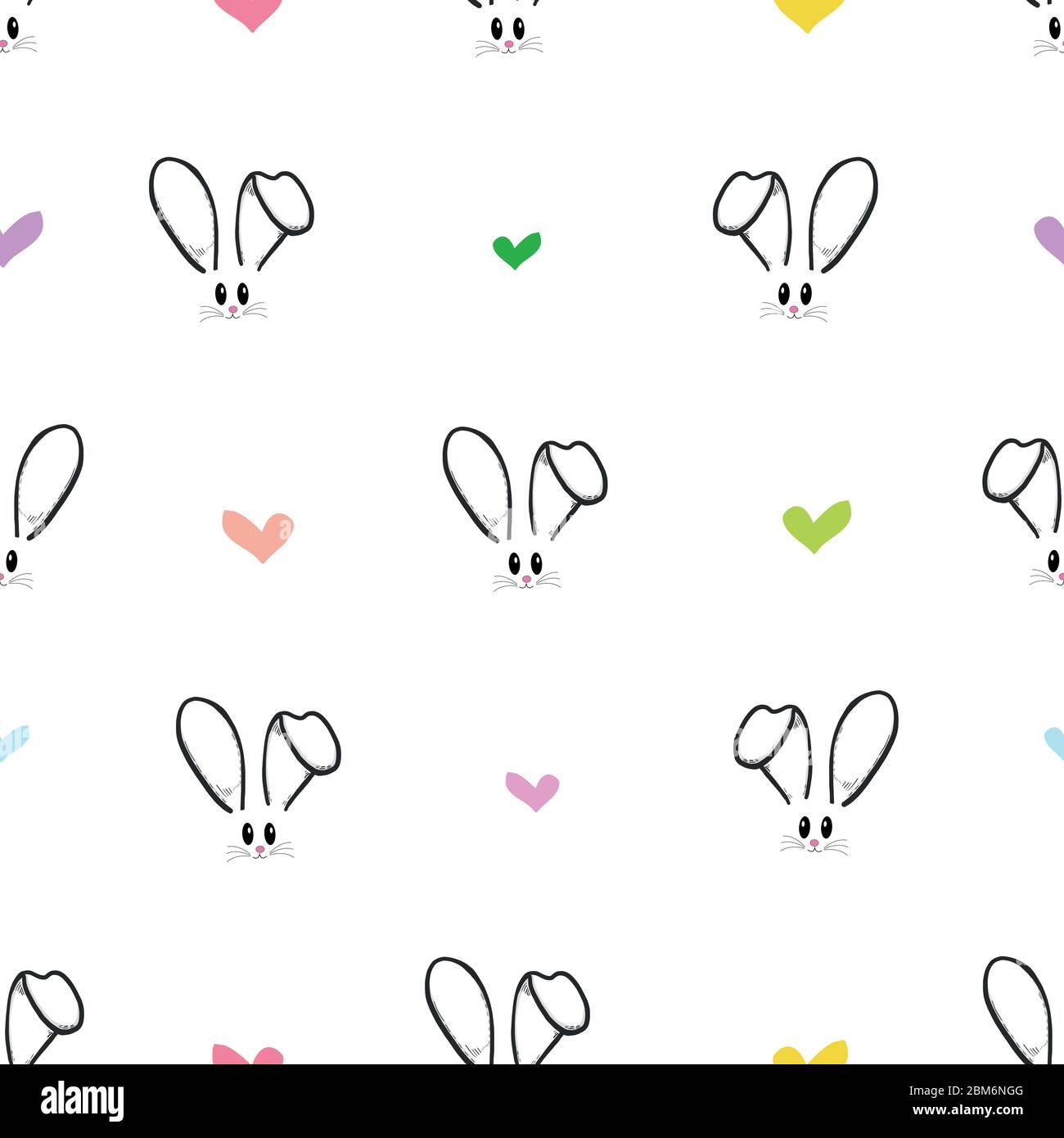 Simpatico coniglietto, faccia di coniglio e colorati cuori sfondo modello di pasqua. Buona carta di auguri pasquale, pubblicità, tessuto design senza cuciture modello vecto Illustrazione Vettoriale