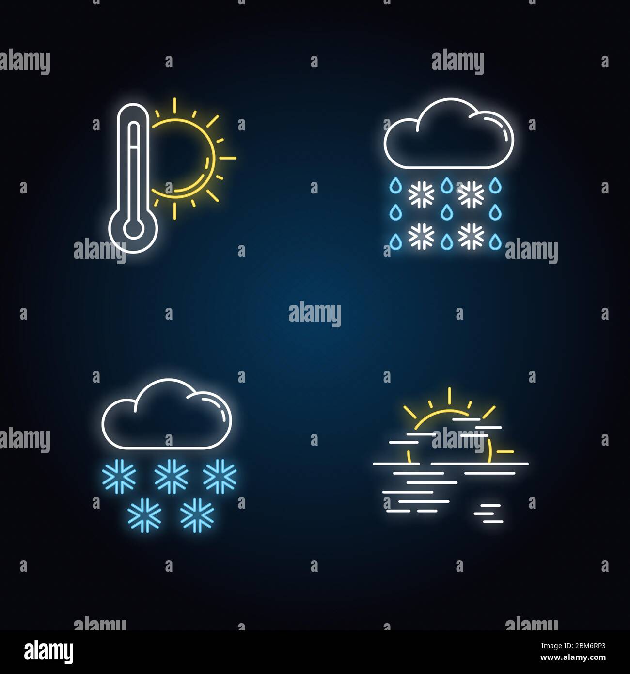 Icone della luce al neon di previsione della temperatura e delle precipitazioni impostate Illustrazione Vettoriale