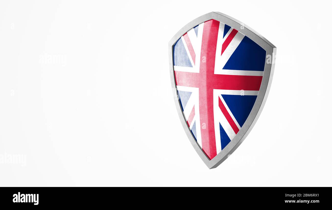 Protezione e concetto di salvaguardia. Armatura in acciaio lucido dipinta come bandiera nazionale britannica. Icona del badge di sicurezza. Banner sulla privacy. Etichetta di sicurezza Foto Stock