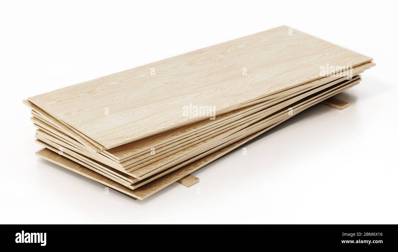 Tavole di legno isolate su sfondo bianco. Illustrazione 3D. Foto Stock