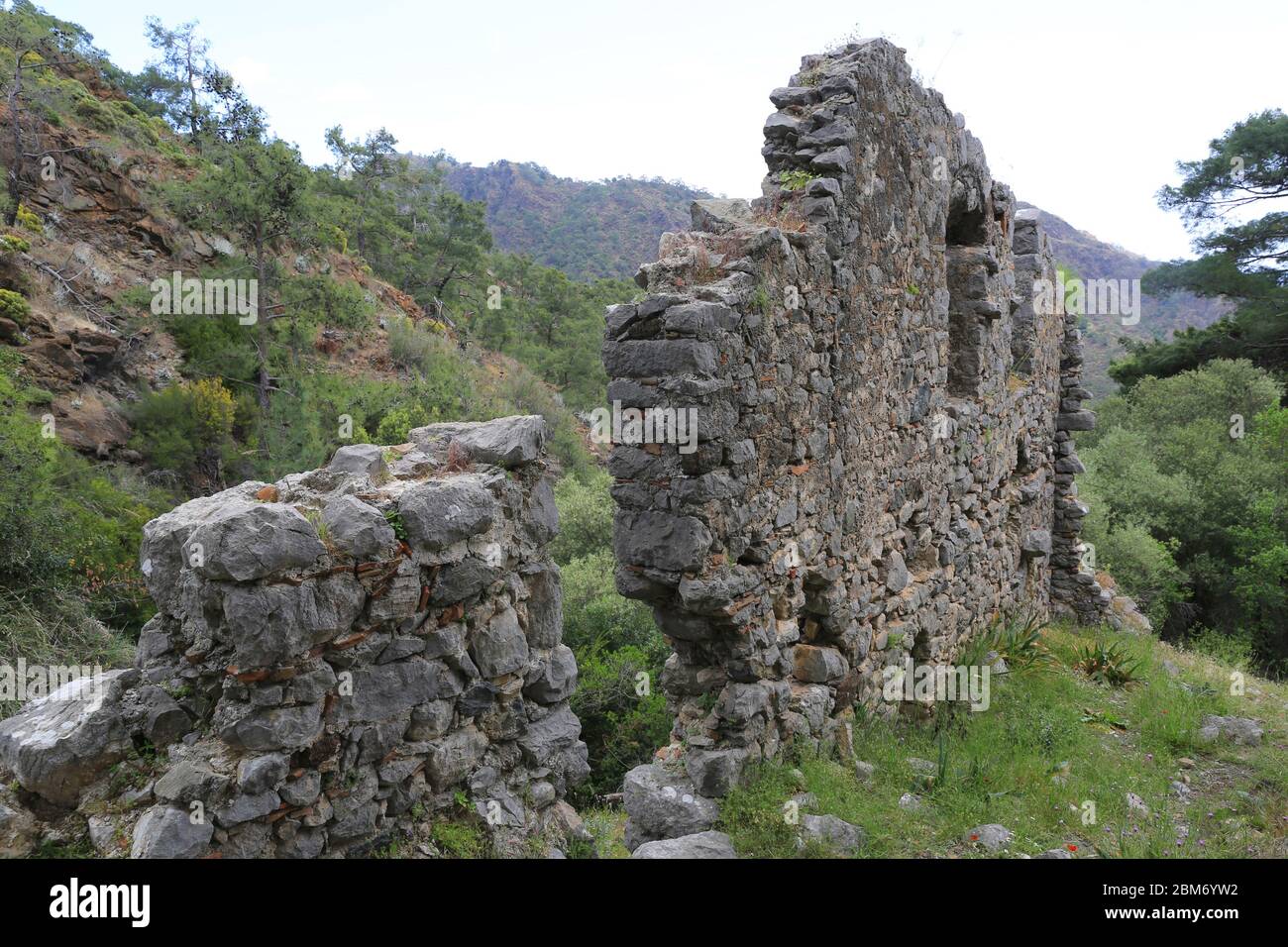 Vecchio muro nella chiesa di Chimera rovina nella foresta vicino Yanartash sfiati naturali con fiamme perpetue. Famoso turistico Lician Way in Turchia Foto Stock