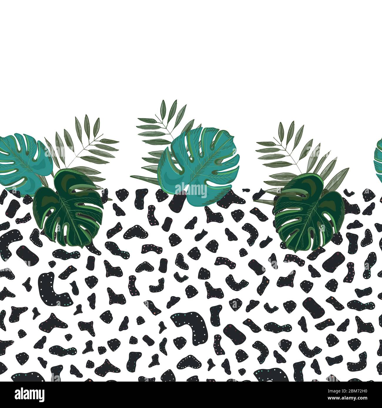 Motivo leopardo con foglie di mostera disegnate a mano . Border design tropicale vettore senza cuciture motivo floreale sfondo. Bella illustrazione decorativa Illustrazione Vettoriale