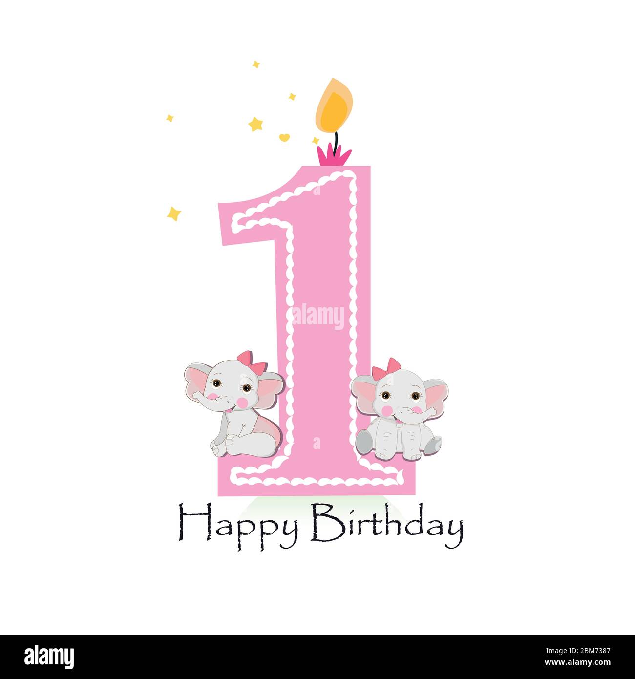 Buon primo compleanno con baby ragazza elefanti baby biglietto di auguri Illustrazione Vettoriale