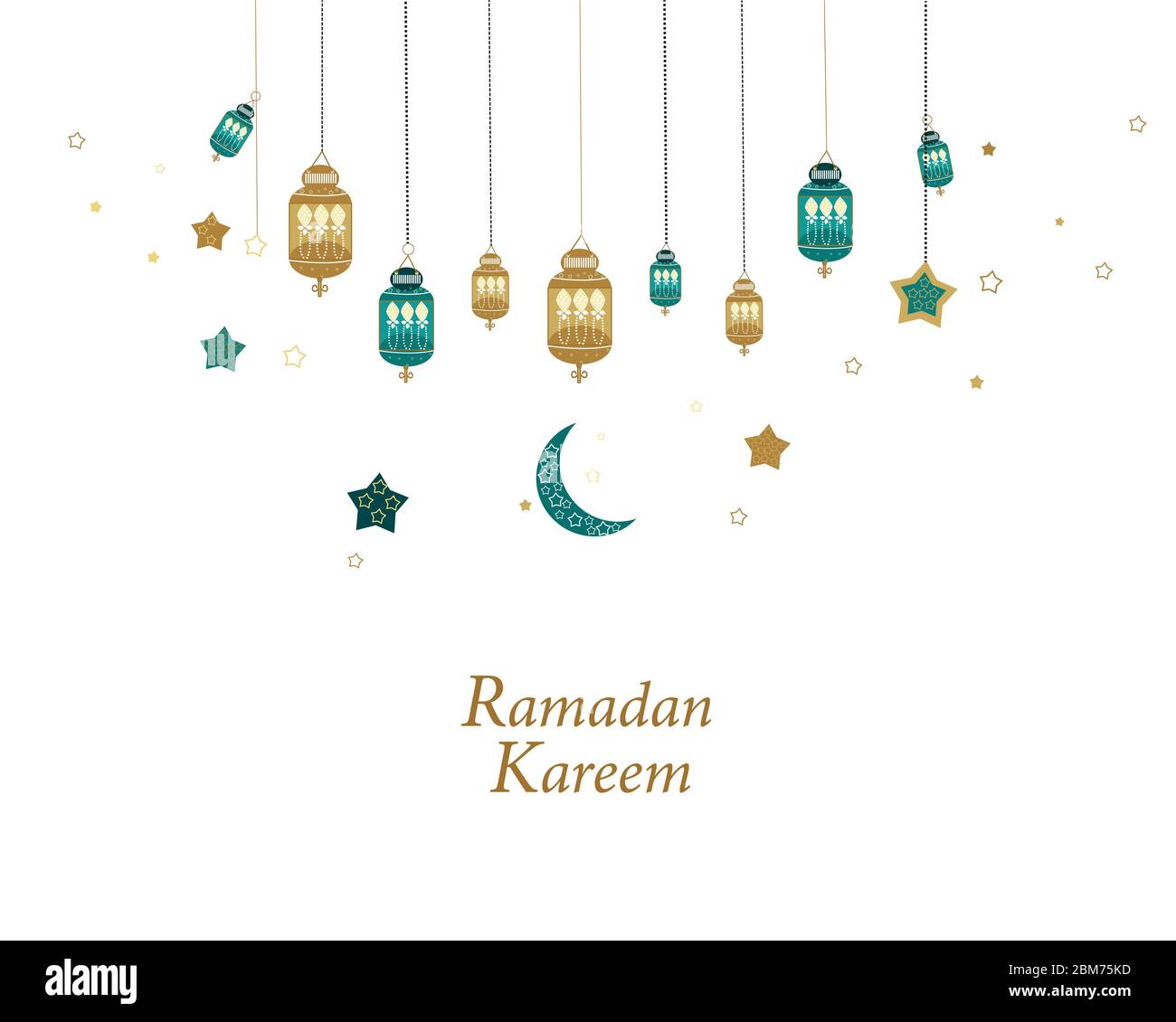 Ramadan Kareem oro e verde con lampade appese, mezzaluna e stelle. Lanterna tradizionale del biglietto d'auguri Ramadan Illustrazione Vettoriale
