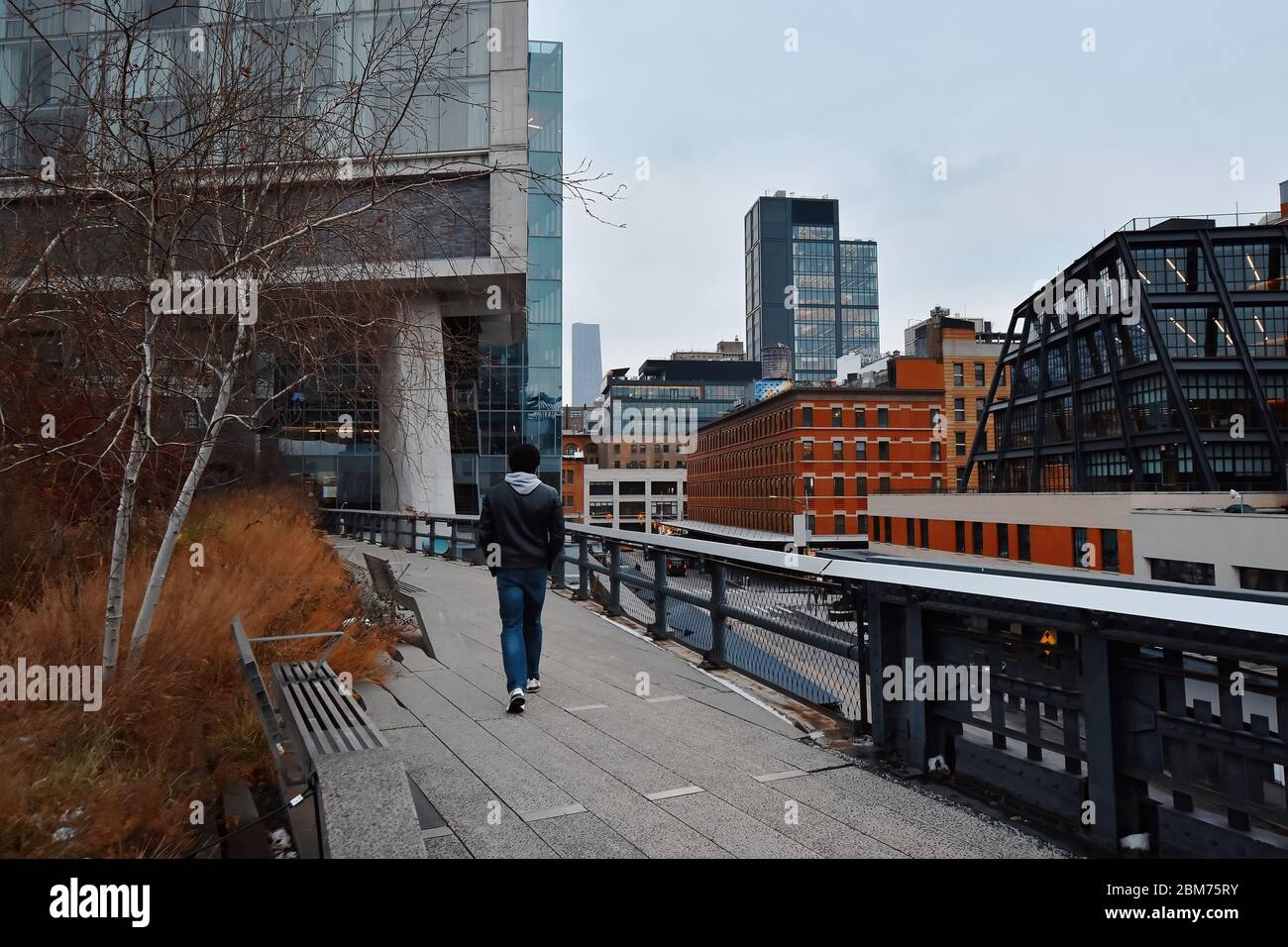 Architettura presso la High Line, parco pubblico costruito su una storica linea ferroviaria merci sopraelevata sulle strade di Manhattan, New York, USA Foto Stock