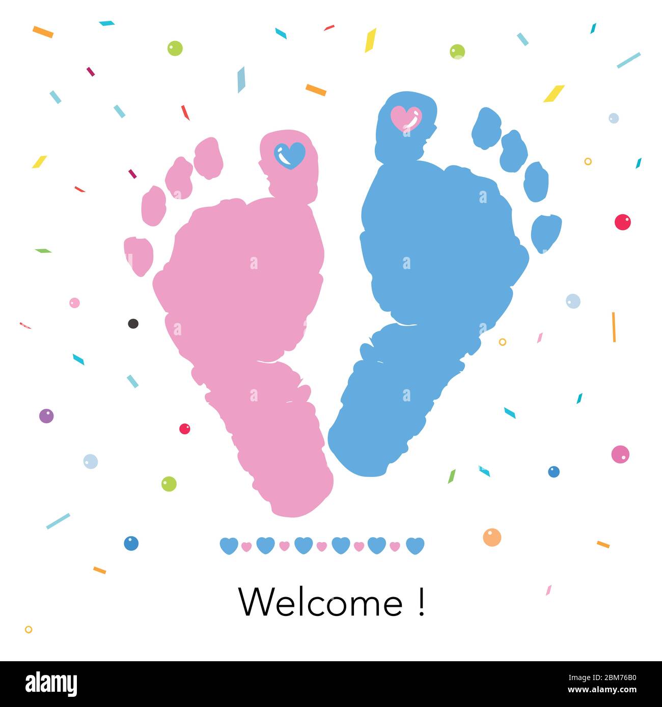 Stampe dei piedi del bambino. Biglietto di benvenuto per il bambino. Stampa blu e rosa con confetti Illustrazione Vettoriale