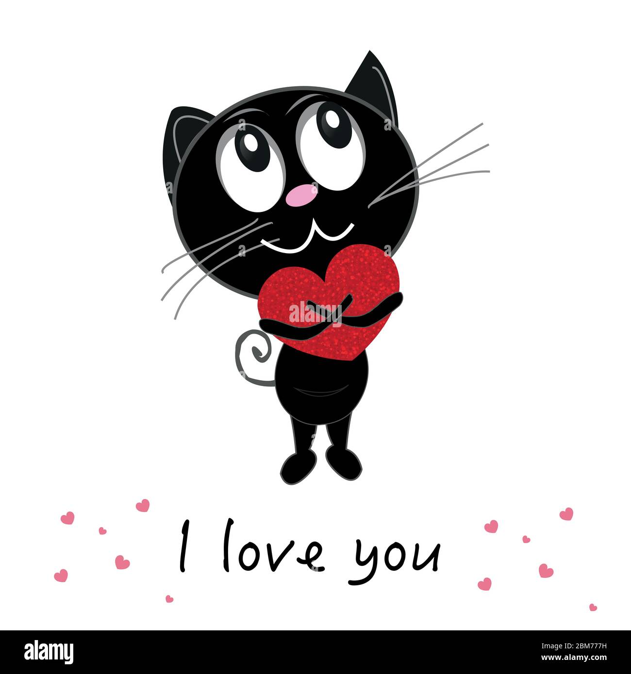 Cute romantico gatto nero tenendo rosso brillante cuore. Testo ti