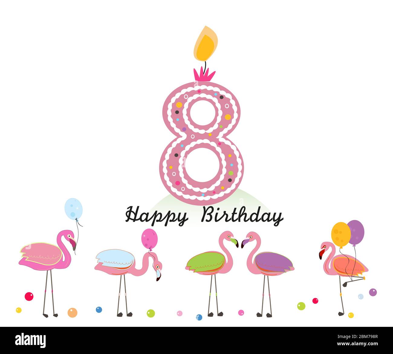 Candela di ottava. Buona lettera di candela di compleanno ottavo. Uccelli esotici. Set di diversi fenicotteri. Fenicottero colorato Illustrazione Vettoriale