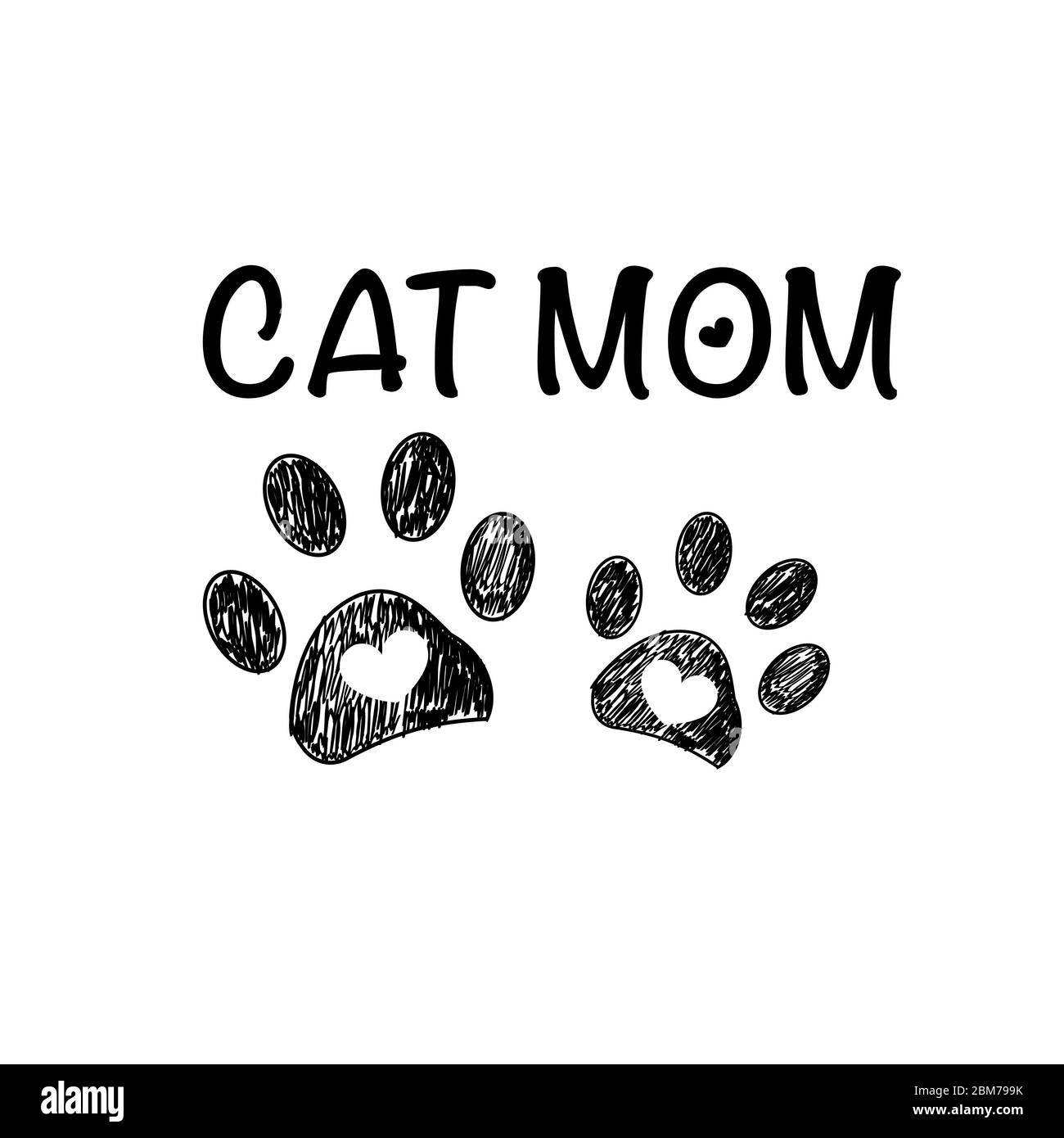 Stampa zampa nera con cuori. Testo Cat MOM. Sfondo della Giornata della mamma felice Illustrazione Vettoriale