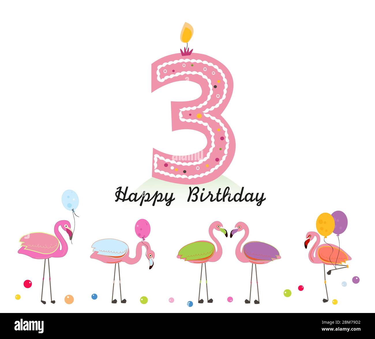 Tre candele. Buona lettera di candela di terzo compleanno. Uccelli esotici. Set di diversi fenicotteri. Fenicottero colorato Illustrazione Vettoriale