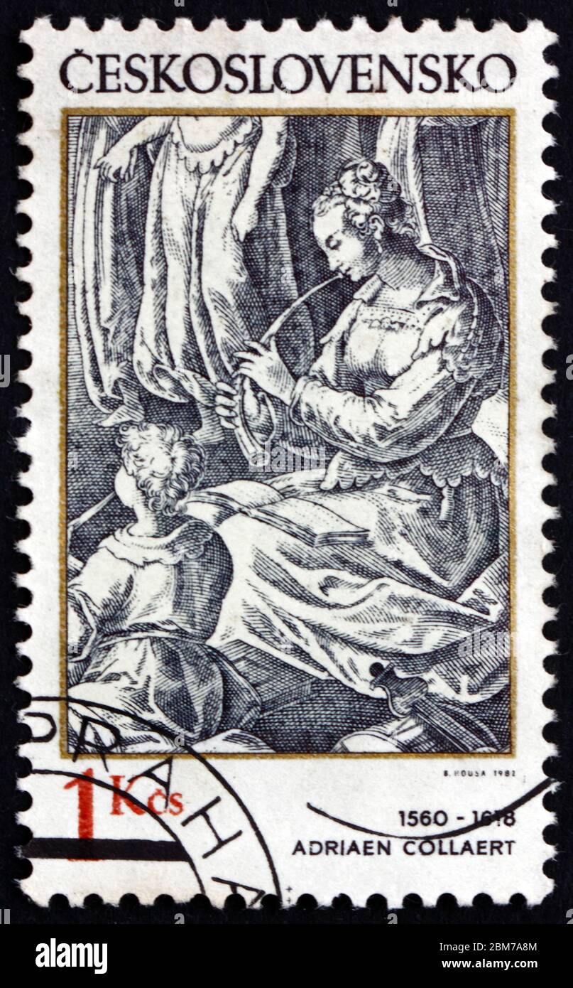 CECOSLOVACCHIA - CIRCA 1982: Un francobollo stampato in Cecoslovacchia mostra donna flutista, incisione di Adriaen Collaert, designer e incisore fiammingo, cir Foto Stock
