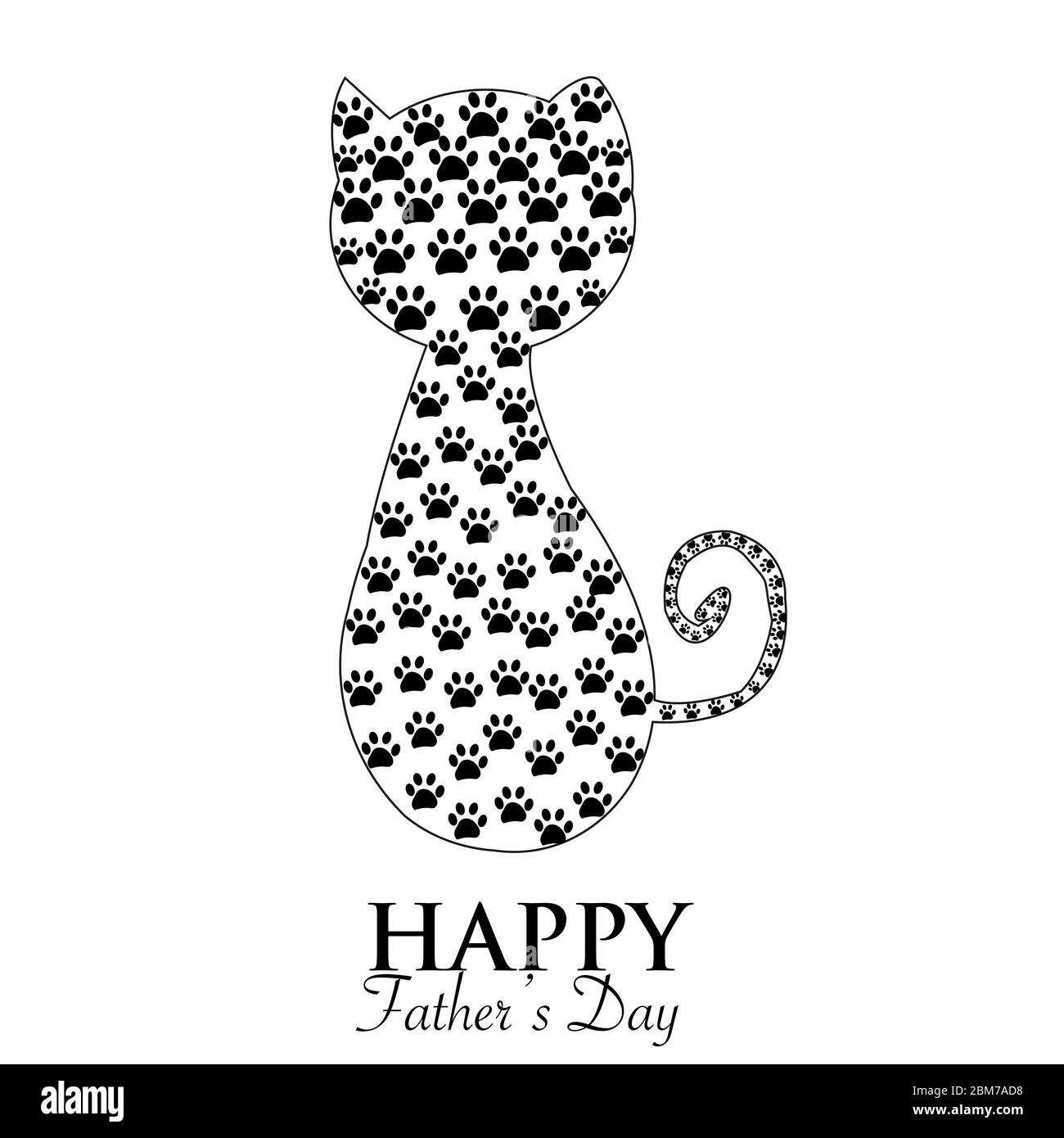 Gatto nero carino. Siluetta Cat con stampa a zampa. Biglietto di auguri per la Giornata del Padre Illustrazione Vettoriale