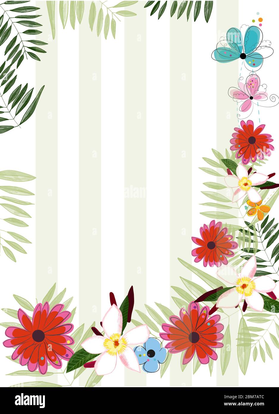 Motivo Flamingo senza cuciture. Fiori tropicali colorati. Baby shower, carta festa estiva. Biglietto di auguri sfondo floreale Illustrazione Vettoriale