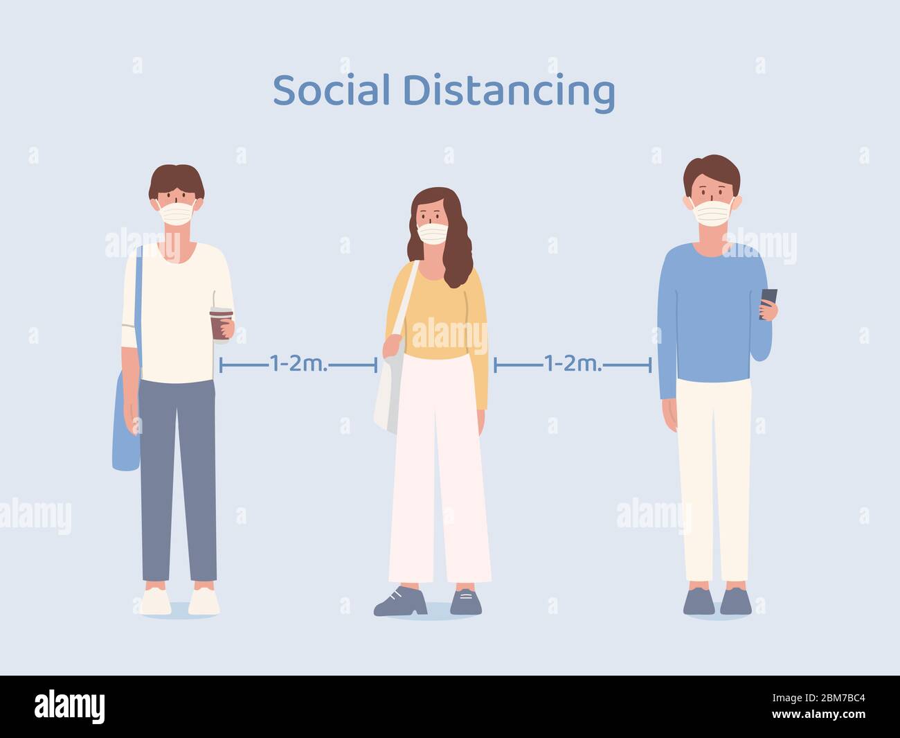 Uomo e Donne che indossano una maschera che prende le distanze sociali mentre si trova in coda. Illustrazione sul modo di prevenire la diffusione di coronavirus. Illustrazione Vettoriale