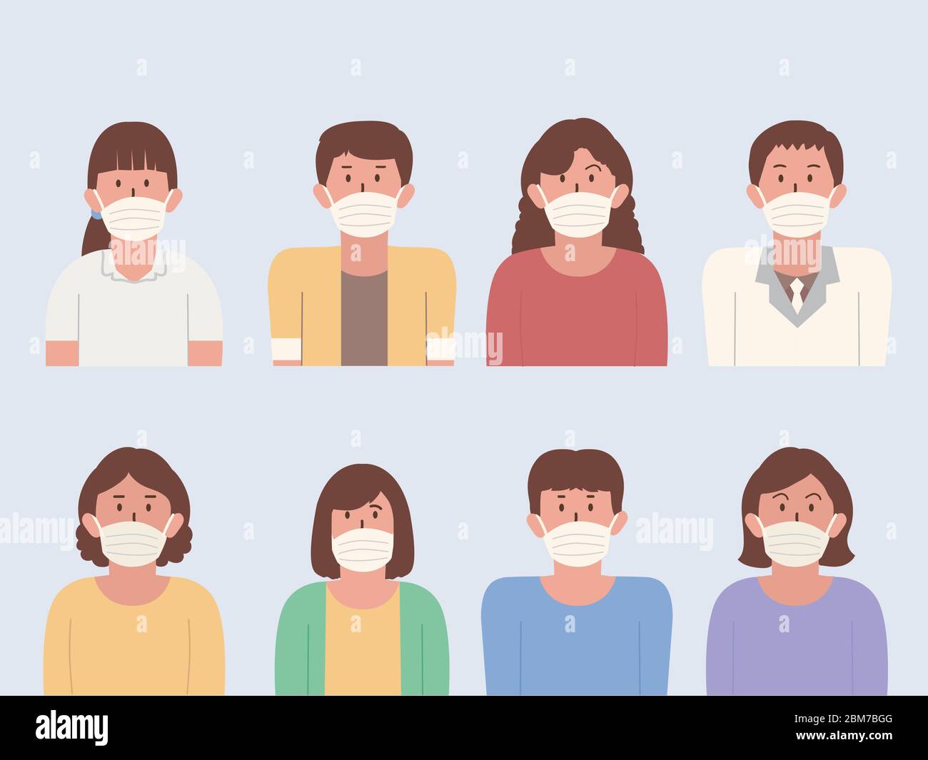 Persone che indossano una maschera medica. Risorsa grafica sulla cura della salute con l'articolo medico. Illustrazione Vettoriale