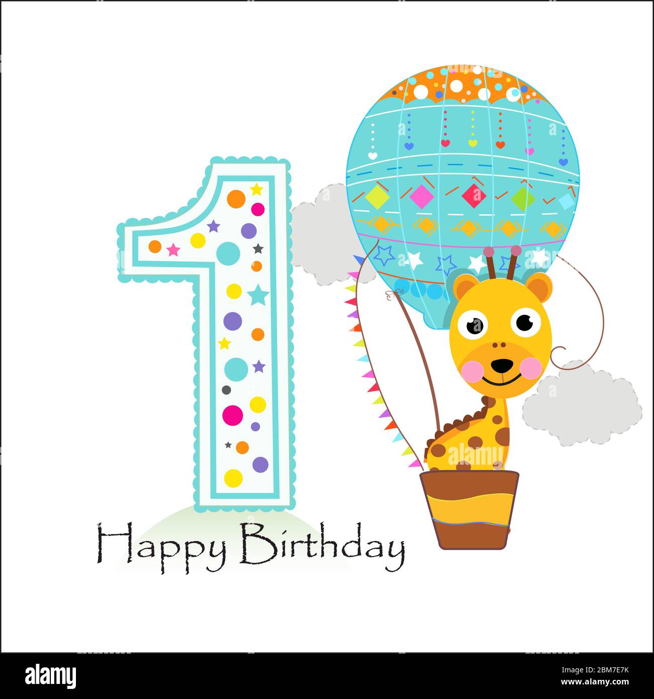 Primo compleanno con mongolfiera e giraffa. Biglietto di auguri per buon  compleanno Immagine e Vettoriale - Alamy