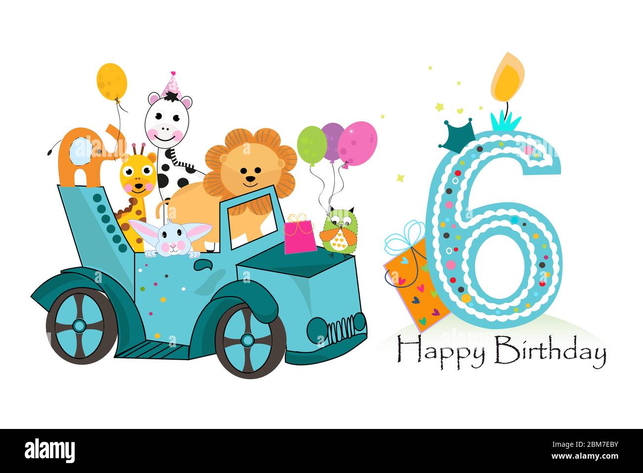 Sesto compleanno auto con animali sfondo. Biglietto di auguri per compleanno Illustrazione Vettoriale