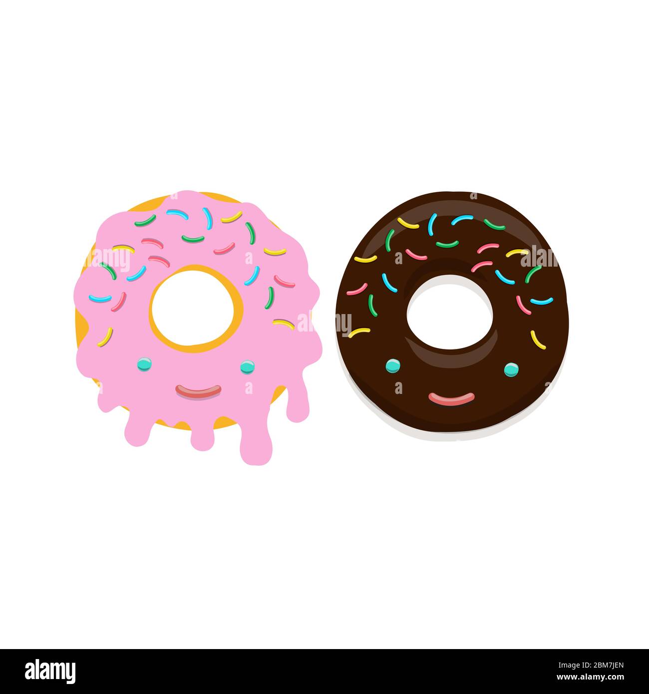 Illustrazione vettoriale di ciambelle al cioccolato e smalto rosa in stile kawaii su un bianco Illustrazione Vettoriale