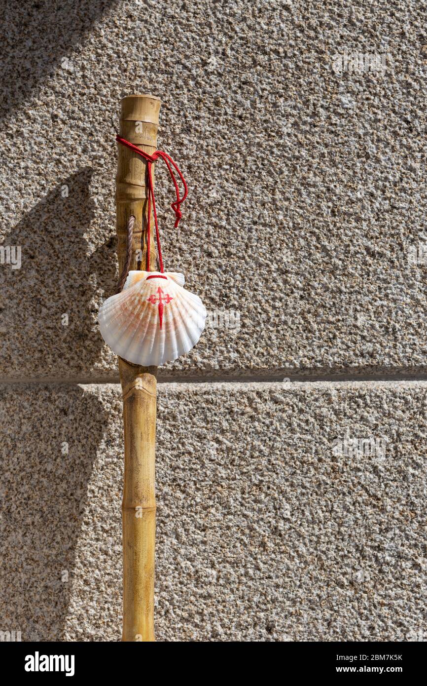 Bastone e conchiglia del Camino de Santiago appoggiati su una parete di  granito. Santiago de Compostela pellegrinaggio concetto. Spazio di copia  Foto stock - Alamy