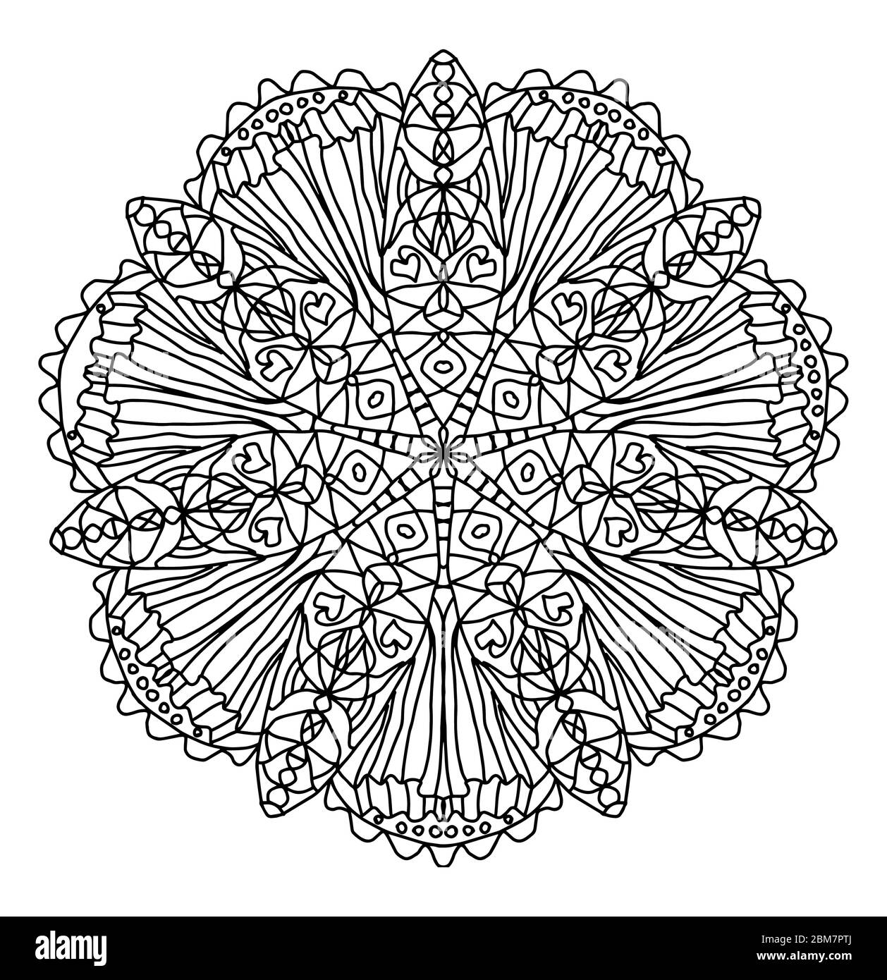 Pagina di colorazione Mandala. Fiore composto da 14 petali con un motivo simmetrico costituito da strisce verticali, cuori, cerchi su sfondo bianco Illustrazione Vettoriale